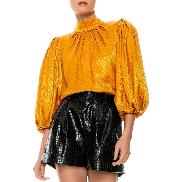 Alice + Olivia‎ Annabelle Top Autumn Gold Mock Satin Neck 3/4 Puff Sleeve Sz S - Picture 1 of 9